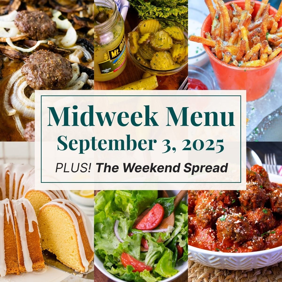 A grid of 6 midweek menu meal plan photos with a text overlay.