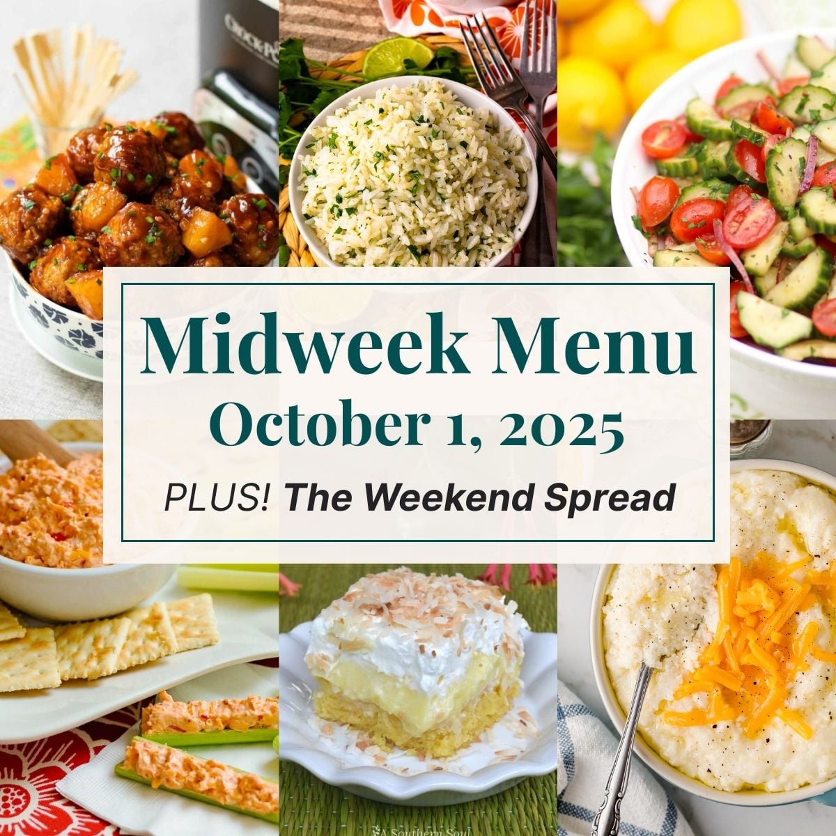 A grid of 6 midweek menu meal plan photos with a text overlay.
