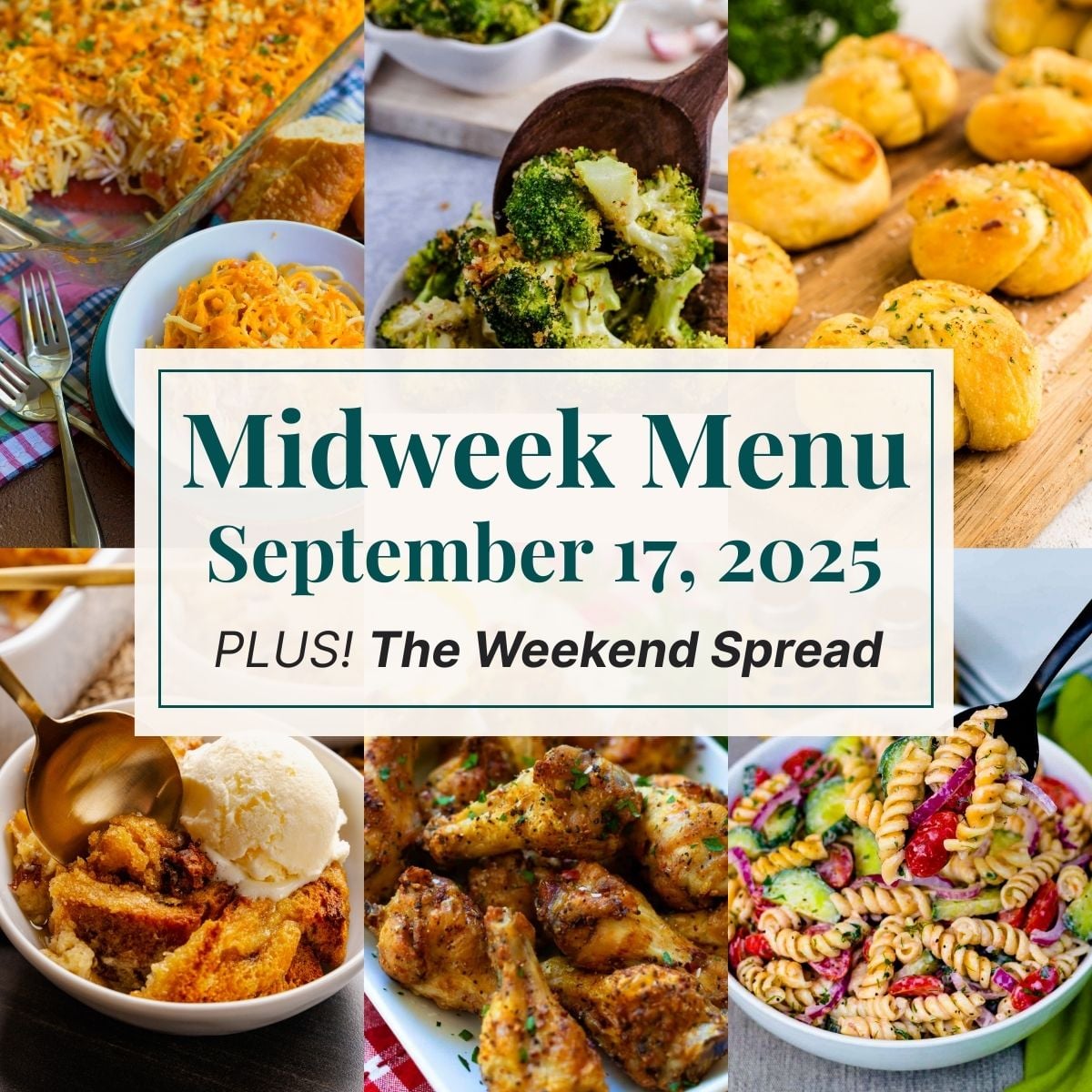 A grid of 6 midweek menu meal plan photos with a text overlay.