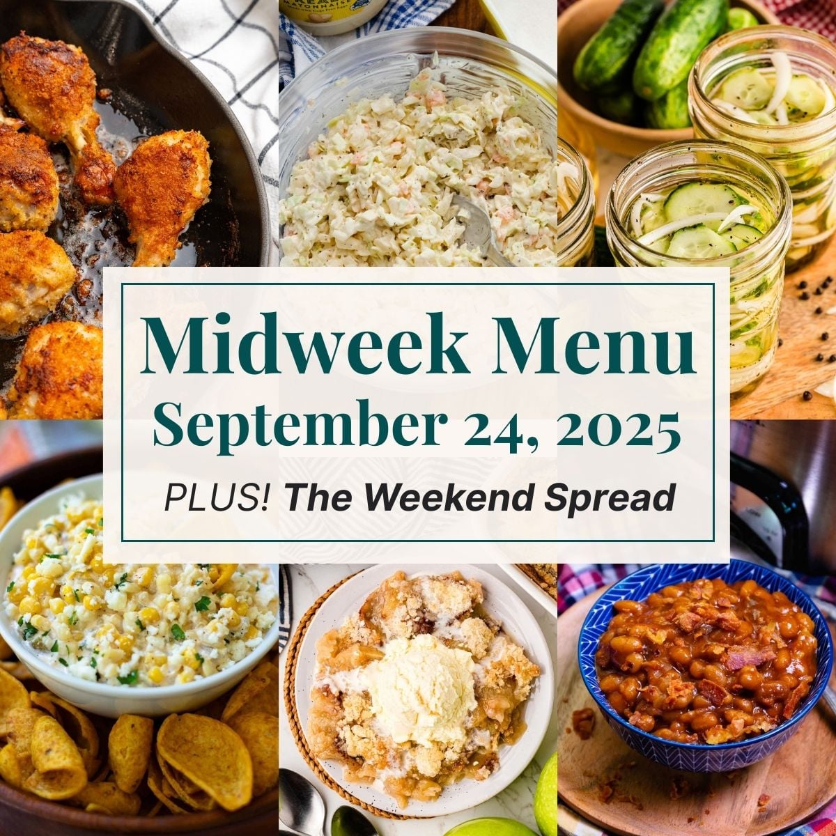 A grid of 6 midweek menu meal plan photos with a text overlay.