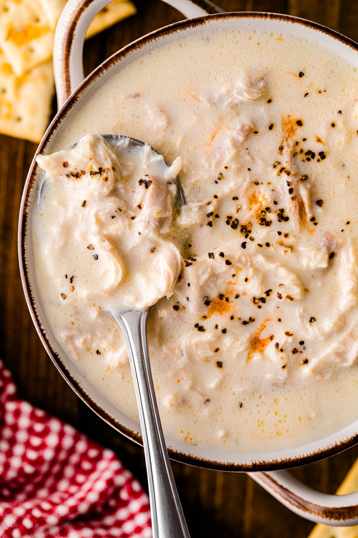 Creamy chicken stew 9 in brown-rimmed bowl with spoon, topped with black pepper and orange zest garnish