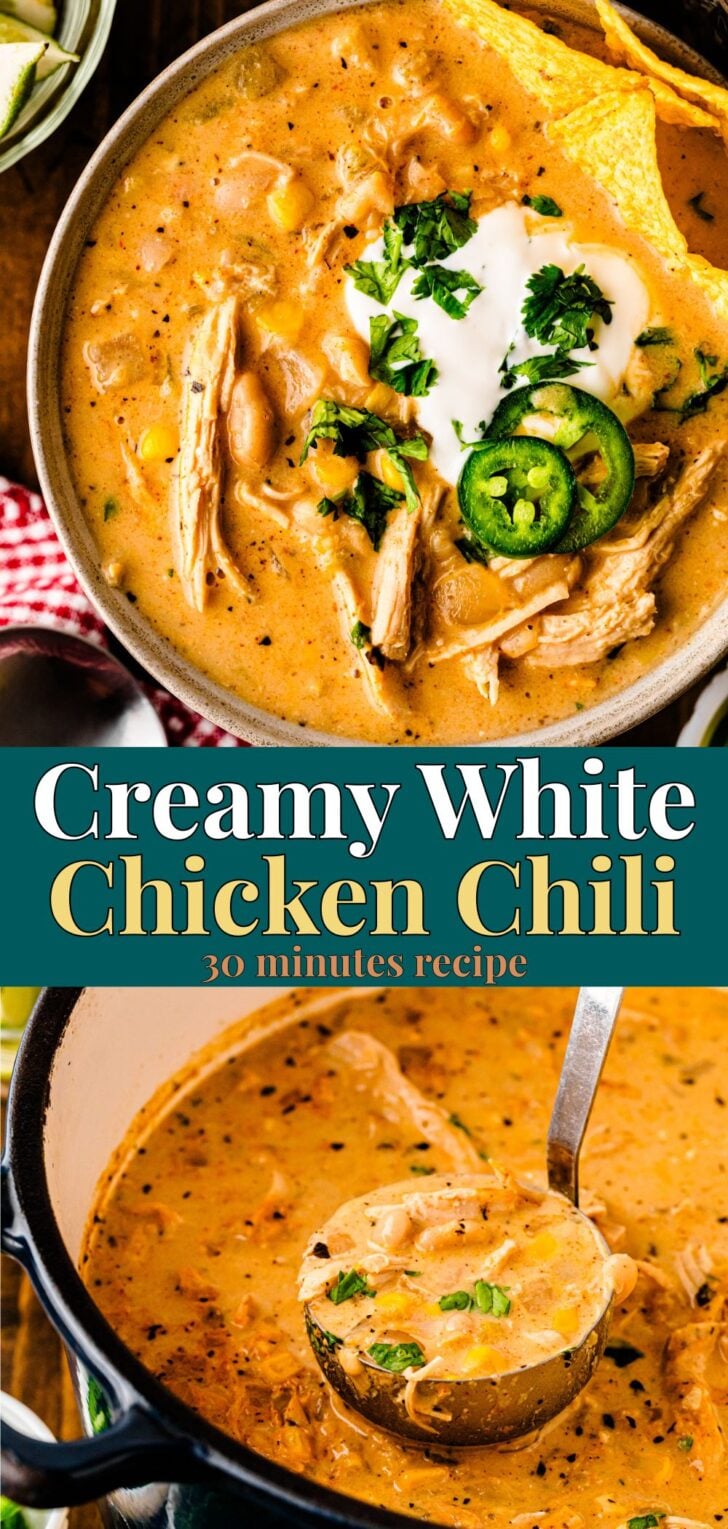 Pinterest pin image for Creamy White Chicken Chili