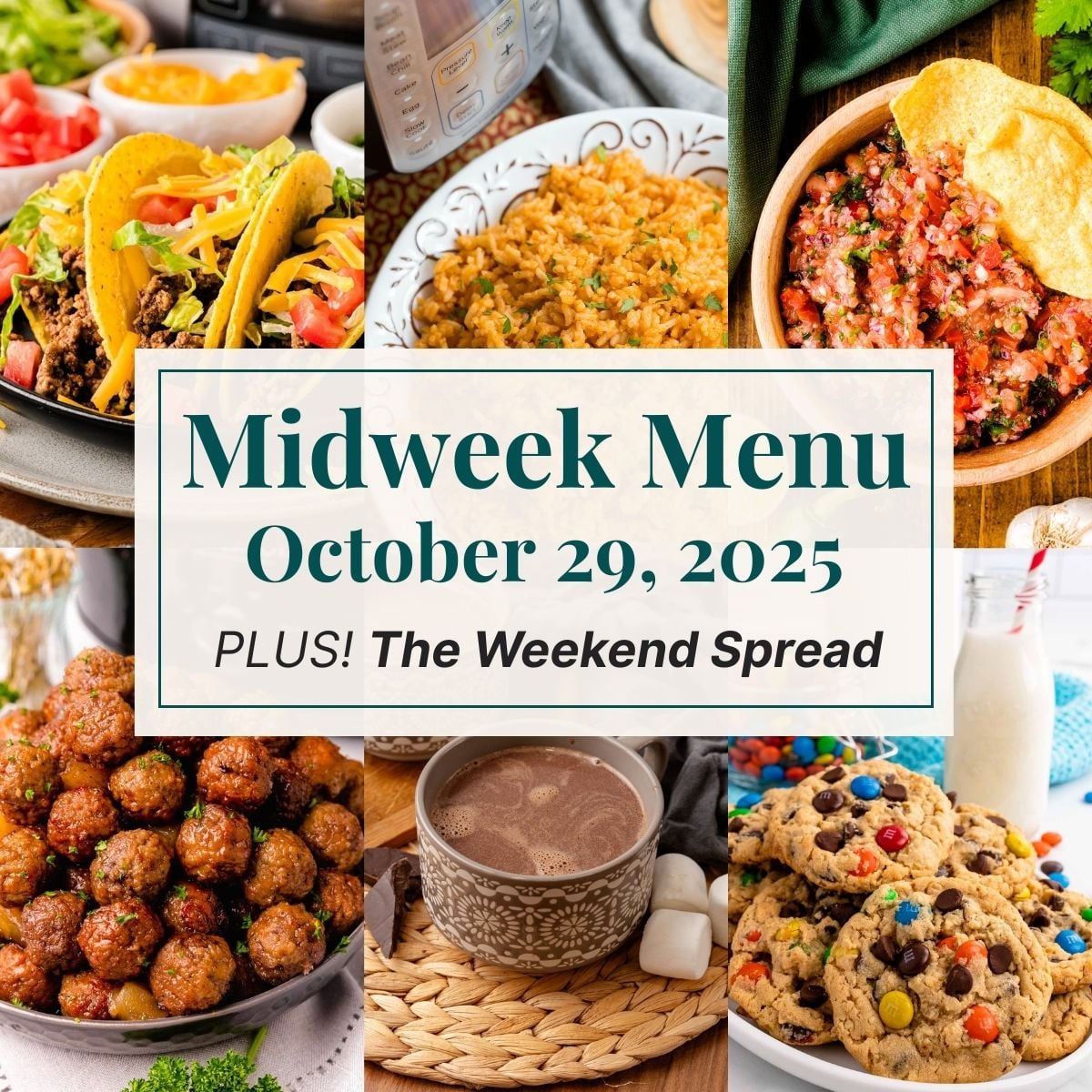 A grid of 6 midweek menu meal plan photos with a text overlay.