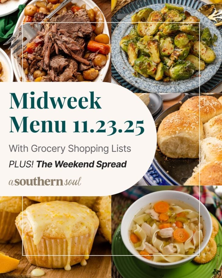 A grid of 5 midweek menu meal plan photos with a text overlay.