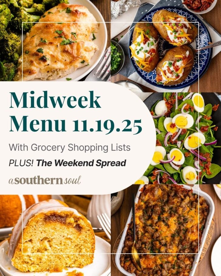A grid of 5 midweek menu meal plan photos with a text overlay.