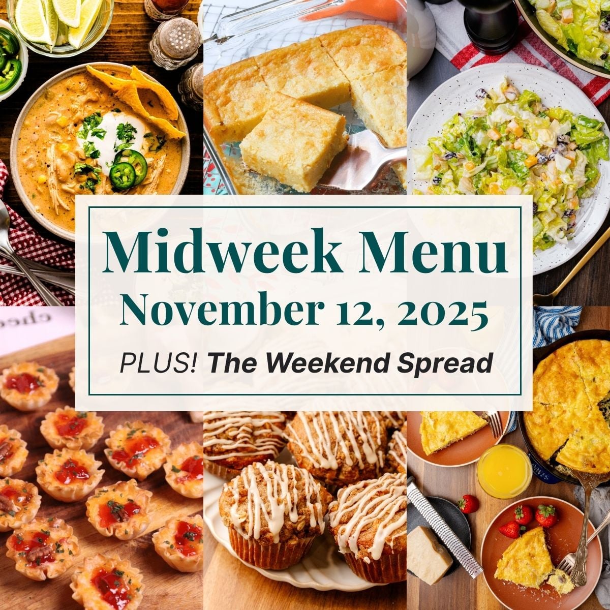 A grid of 6 midweek menu meal plan photos with a text overlay.