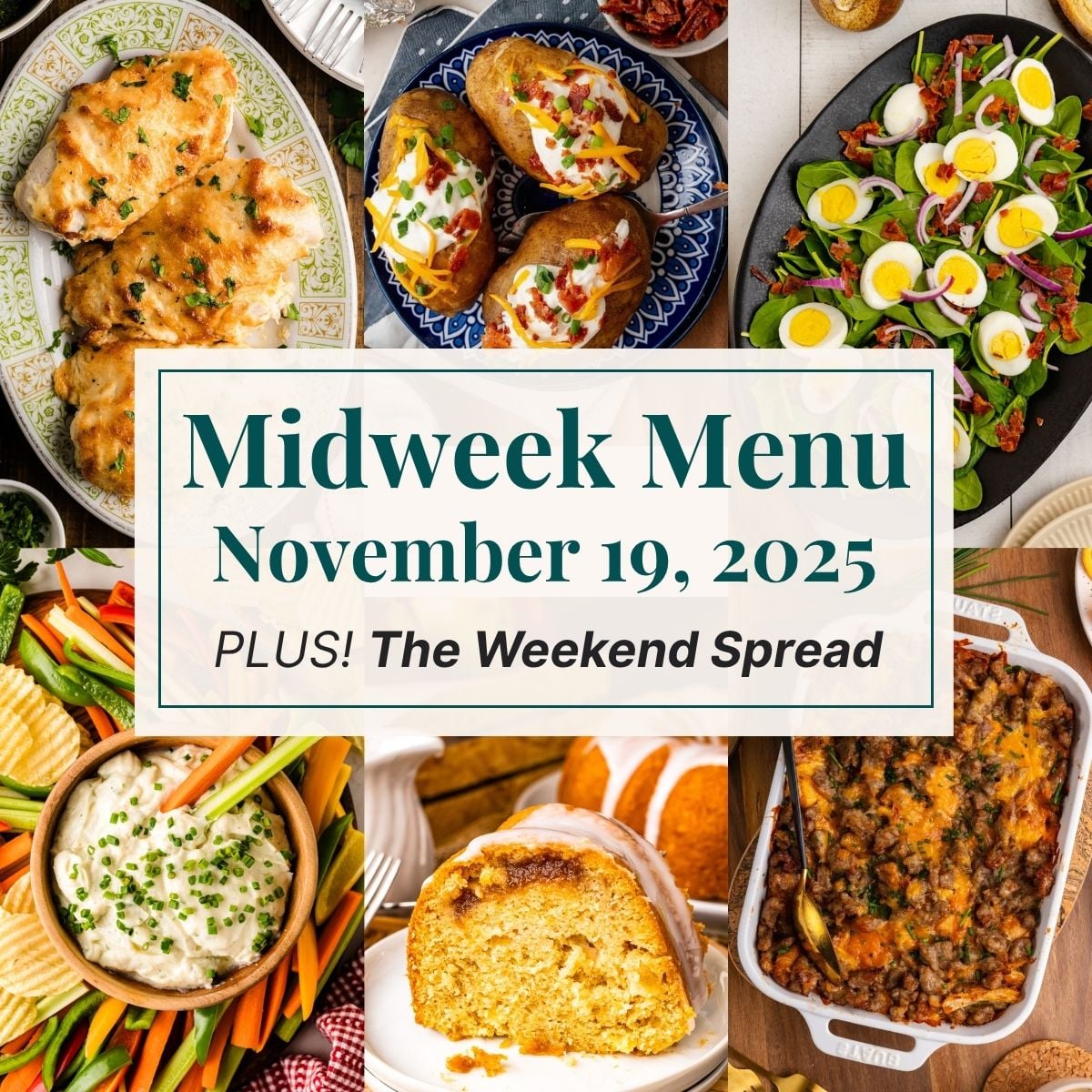 A grid of 6 midweek menu meal plan photos with a text overlay.