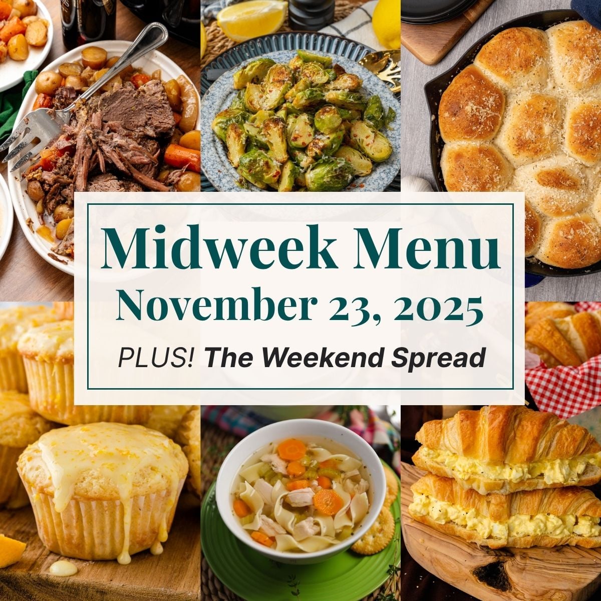 A grid of 6 midweek menu meal plan photos with a text overlay.