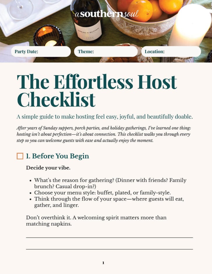 The Effortless Host Checklist Pinterest pin featuring wine, citrus fruits, and elegant table setting for Southern entertaining