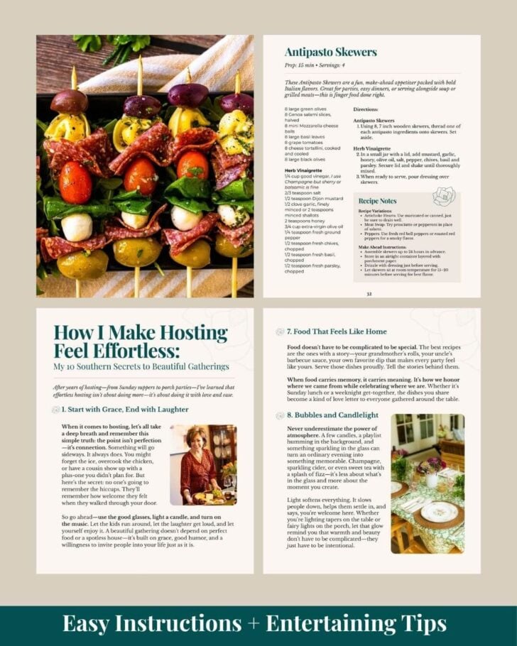 The Effortless Host eBook 03 1: Antipasto skewers with olives, mozzarella, salami, basil and tomatoes on wooden board, plus hosting tips
