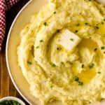 Creamy boursin cheese mashed potatoes in a serving bowl