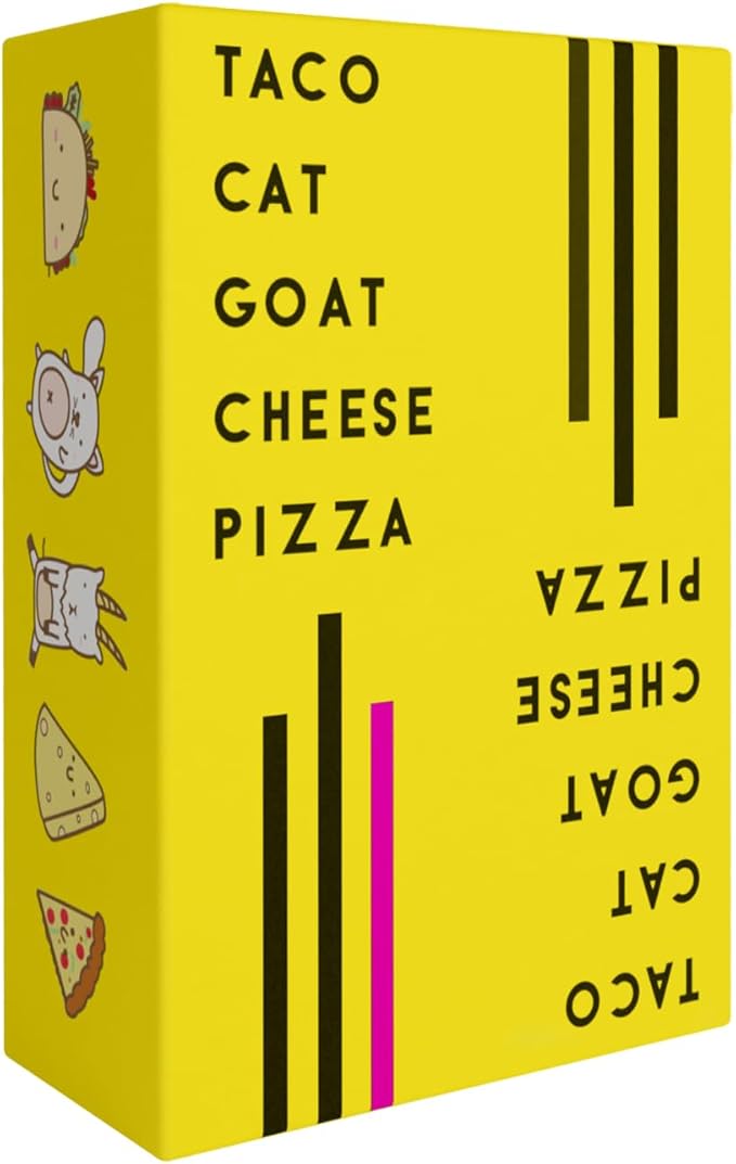 Bright yellow box set of Taco Cat Goat Cheese Pizza card game with illustrated animals and colorful spine stripes for family game night fun