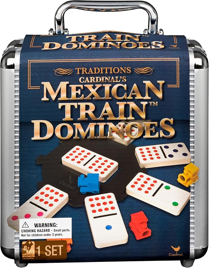 Cardinal's Mexican Train Dominoes game set in blue carrying case with tiles and colored player markers displayed, perfect for family game ni