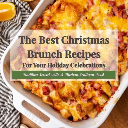 Baked breakfast casserole with bacon and cheese in white dish, orange slices and striped napkin beside it, Pinterest pin for CHRISTMAS BRUNC