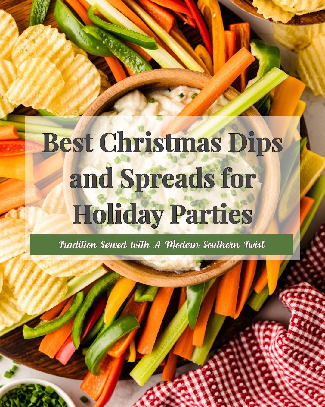 Best Christmas Dips and Spreads for Holiday Parties Pinterest pin showing creamy dip in wooden bowl surrounded by colorful vegetable crudité