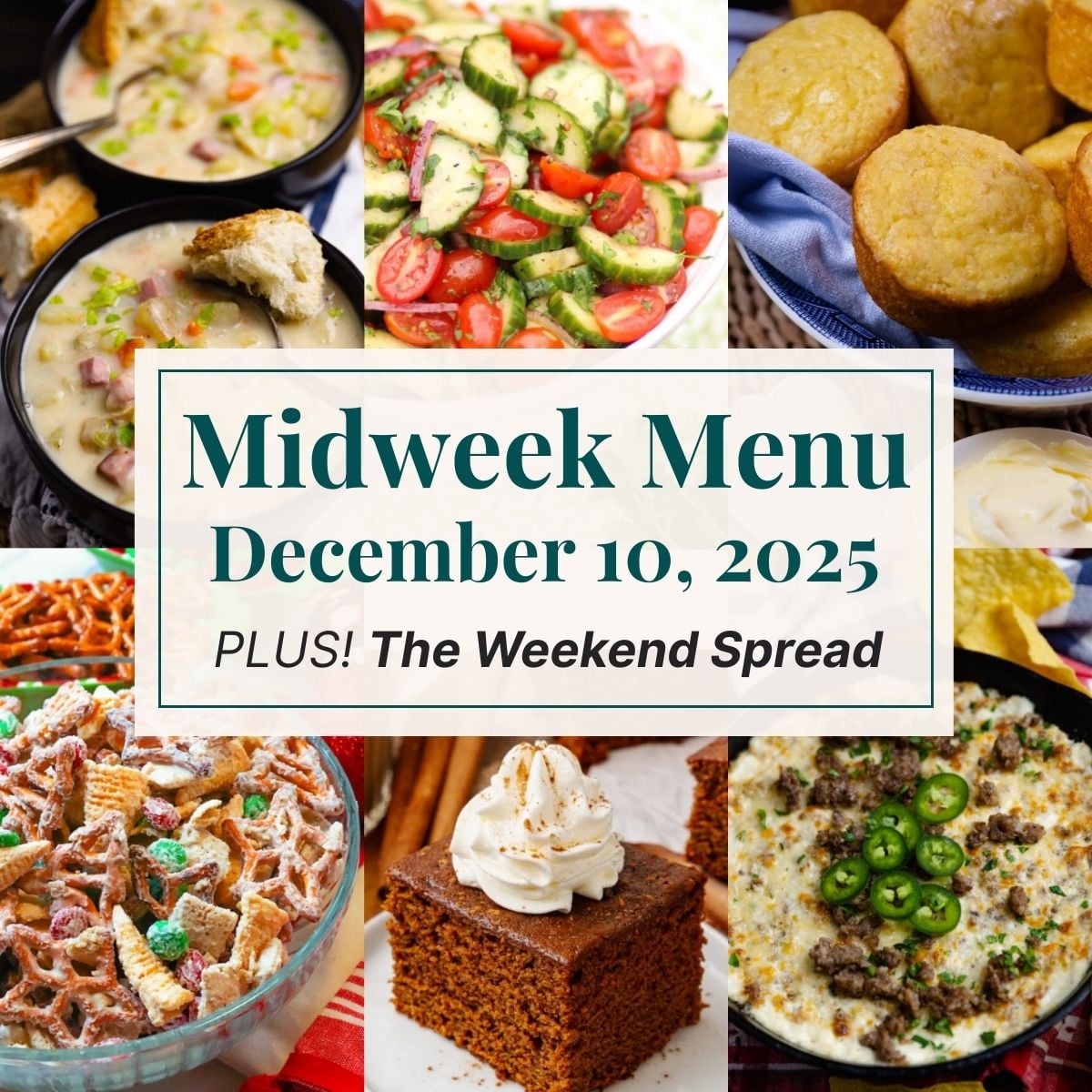 A grid of 6 midweek menu meal plan photos with a text overlay.