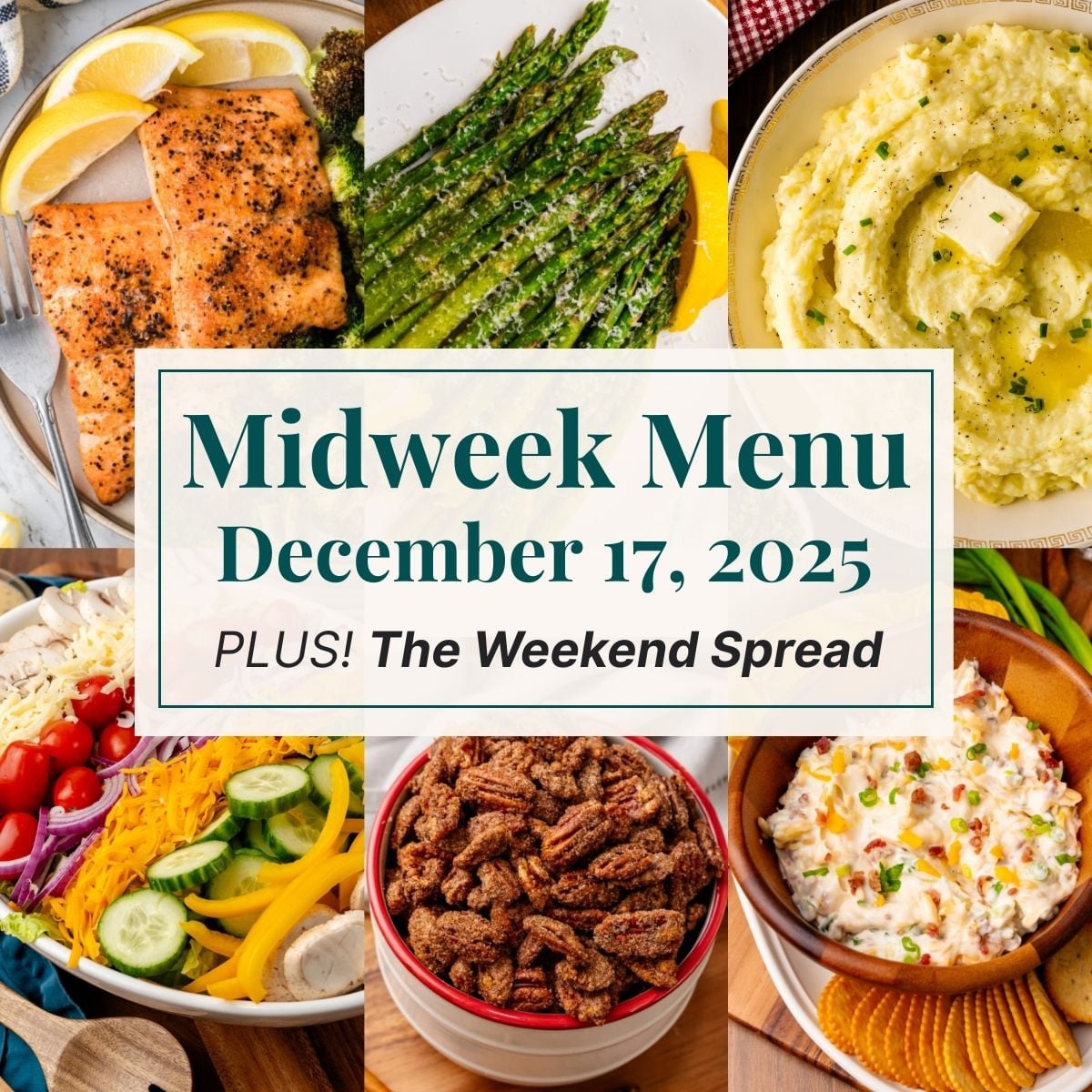 A grid of 6 midweek menu meal plan photos with a text overlay.