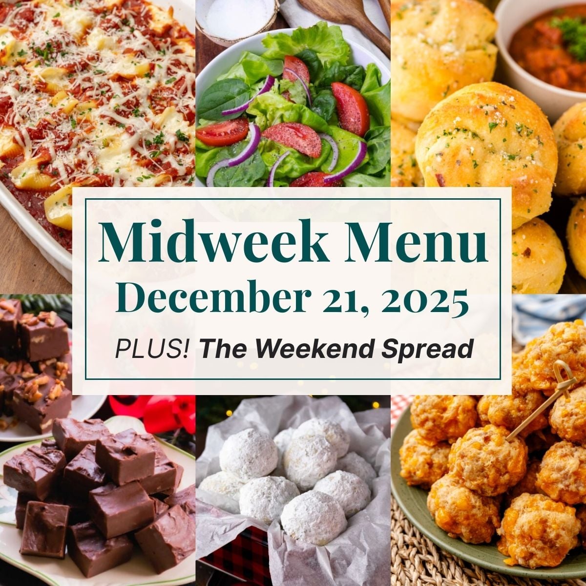 A grid of 6 midweek menu meal plan photos with a text overlay.