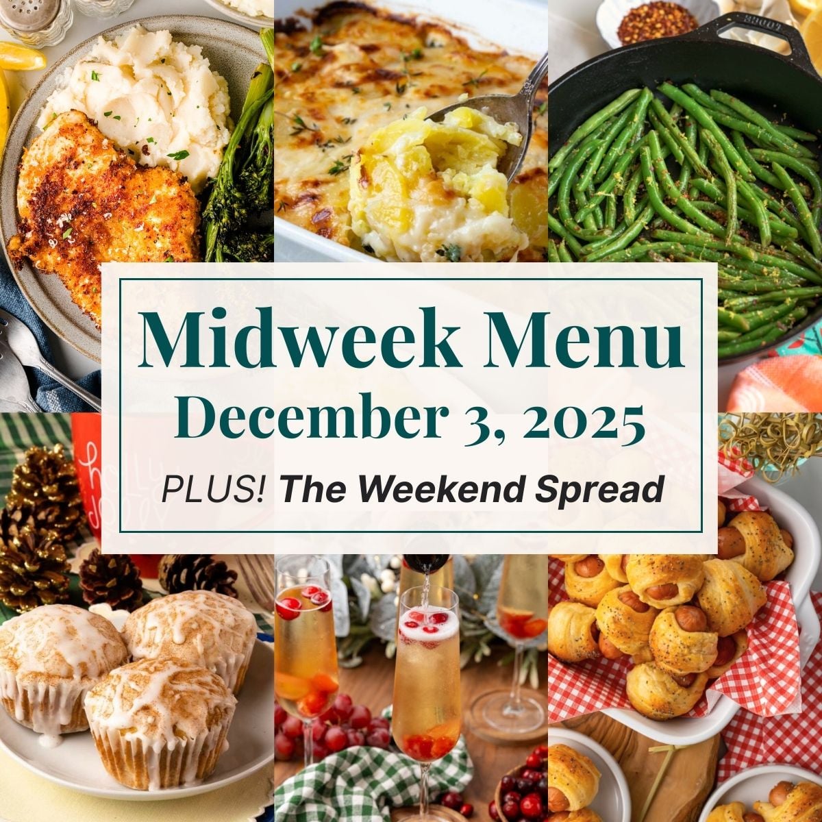 A grid of 6 midweek menu meal plan photos with a text overlay.