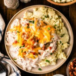 Shredded crock pot creamy ranch chicken in a white bowl topped with fresh parsley, served as an easy weeknight dinner.