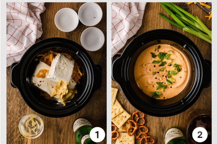 #1 - Cream cheese, shredded cheddar, beer, and seasonings added to the slow cooker before melting, showing how the beer cheese dip starts in the Crock Pot.
#2 - Smooth, melted beer cheese dip in the Crock Pot with pretzels and chips nearby, ready for serving warm straight from the slow cooker.