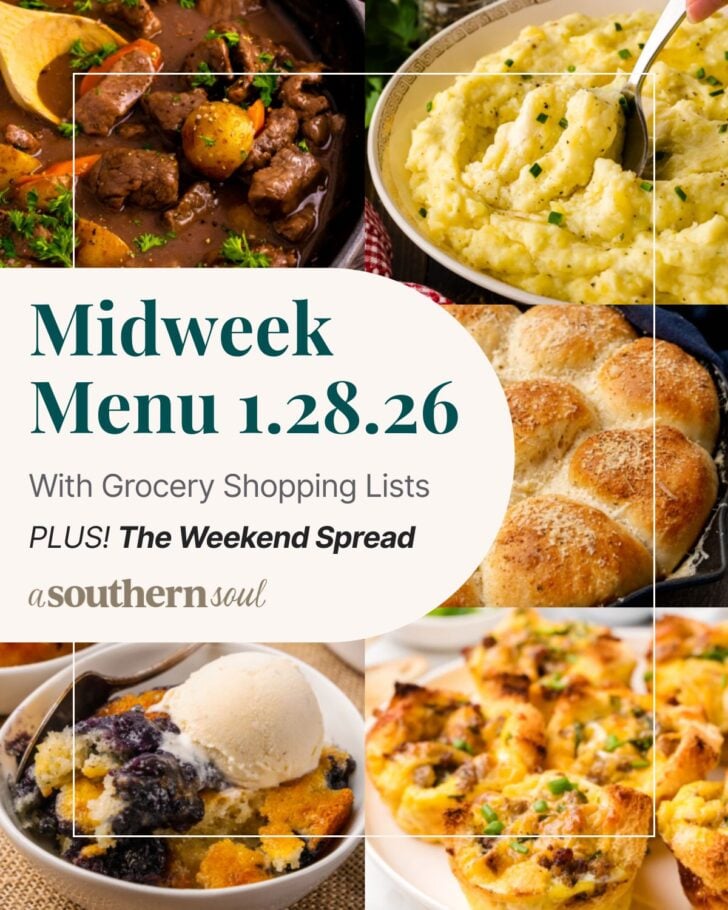 A grid of 5 midweek menu meal plan photos with a text overlay.