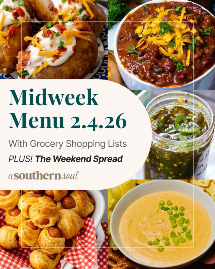 A grid of 5 midweek menu meal plan photos with a text overlay.