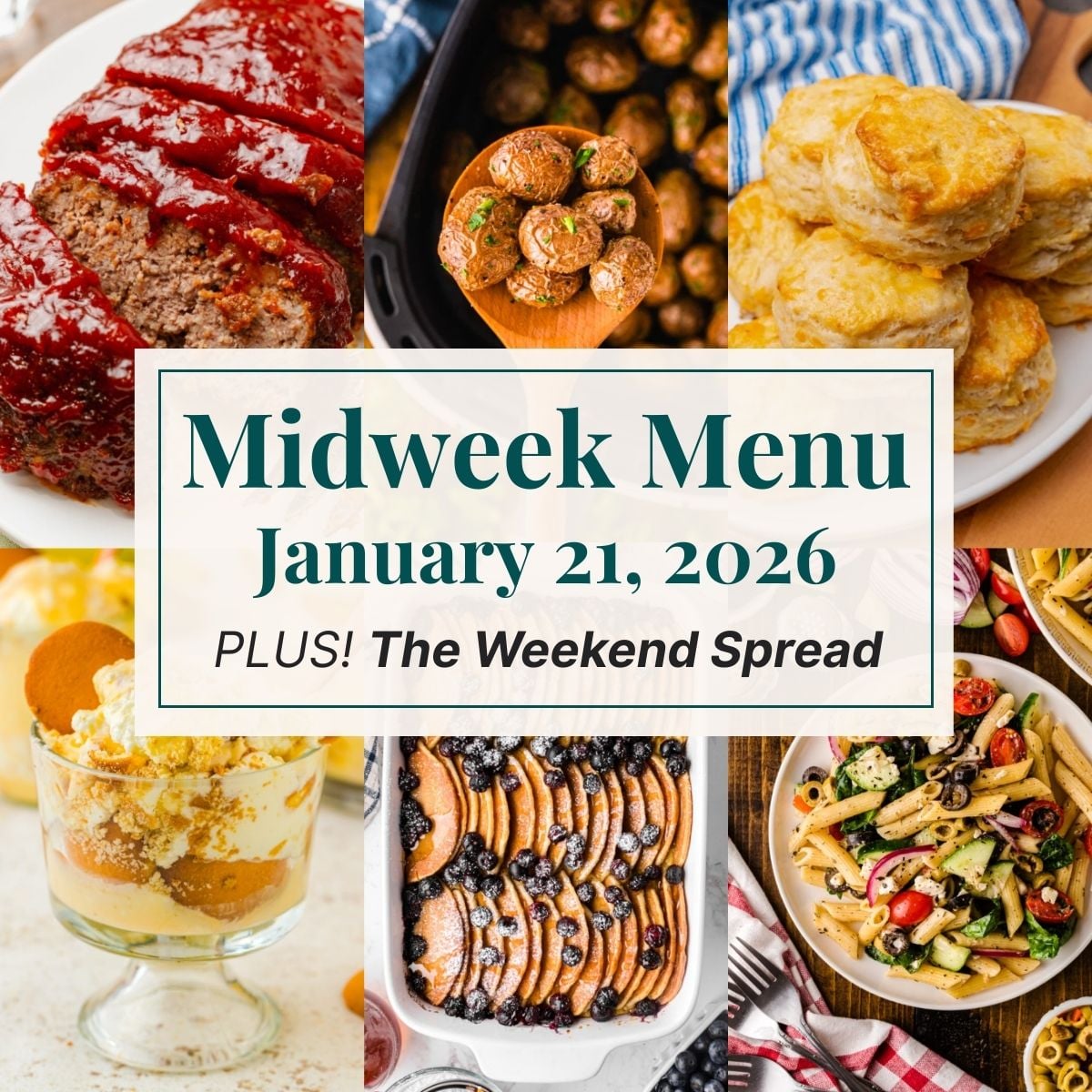 A grid of 6 midweek menu meal plan photos with a text overlay.