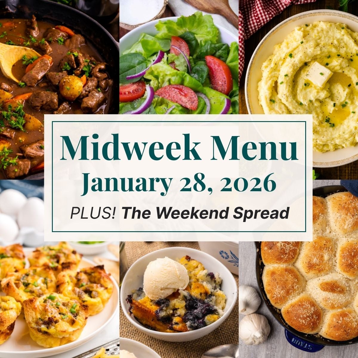 A grid of 6 midweek menu meal plan photos with a text overlay.