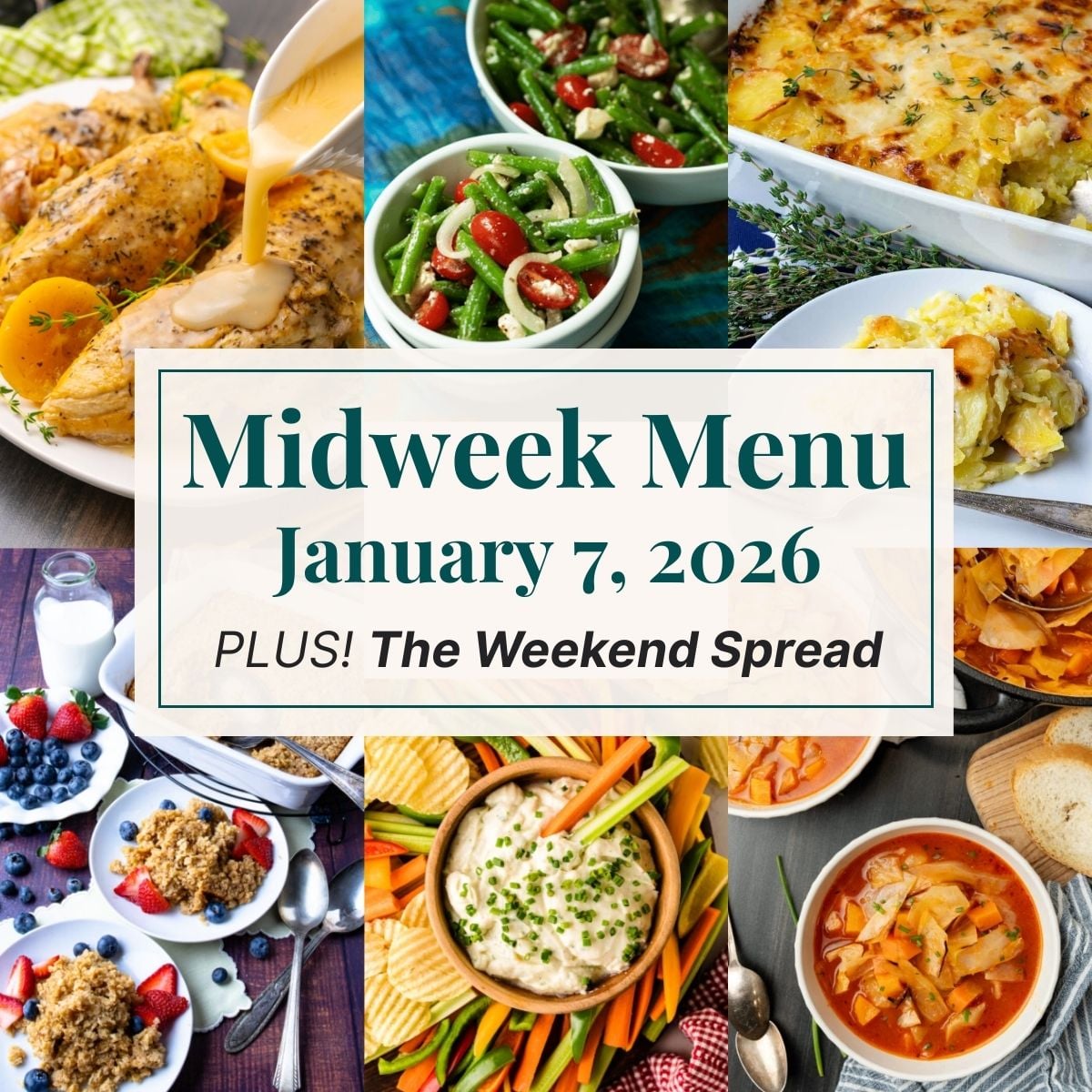 A grid of 6 midweek menu meal plan photos with a text overlay.