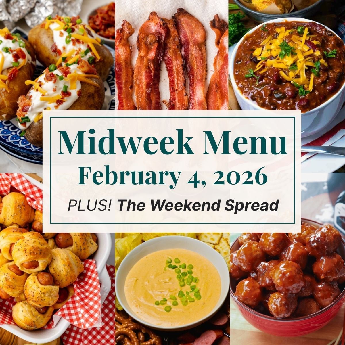 A grid of 6 midweek menu meal plan photos with a text overlay.