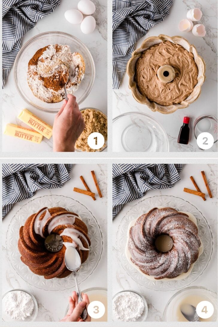 Step 1: Dry ingredients for spice cake whisked together in a mixing bowl with cinnamon, ginger, nutmeg, and allspice.
Step 2: Butter and brown sugar being creamed in a mixing bowl until light and fluffy for spice cake batter.
Step 3: Spice cake batter being mixed smooth and thick before pouring into a greased Bundt pan.
Step 4: Baked spice Bundt cake turned out onto a cooling rack before adding vanilla glaze.