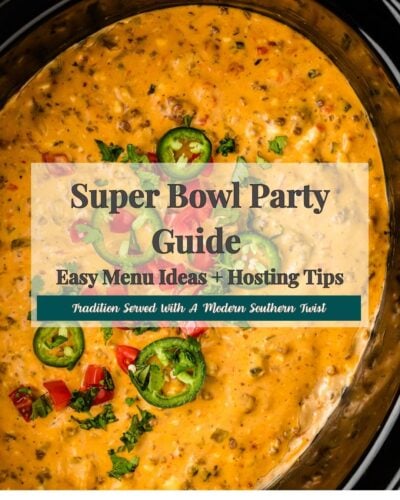 SUPER BOWL 2026 party queso dip in slow cooker with jalapeños and cilantro garnish Pinterest pin