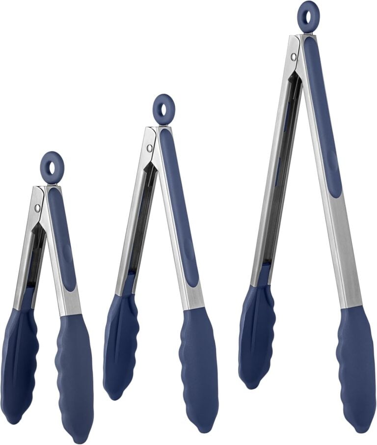 Six blue and silver kitchen tongs in increasing sizes arranged in a row against white background