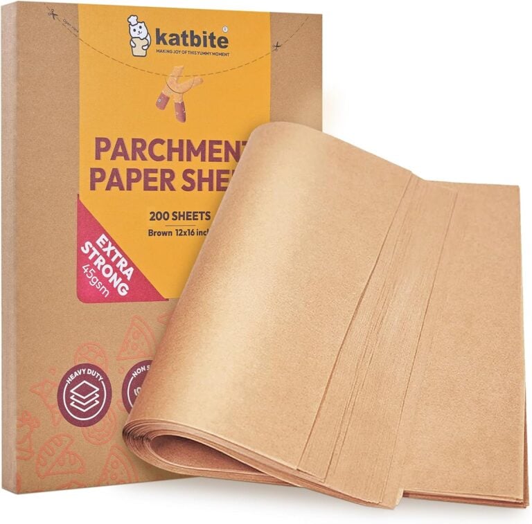 Katbite parchment paper sheets product packaging and unrolled brown parchment paper roll displayed against white background