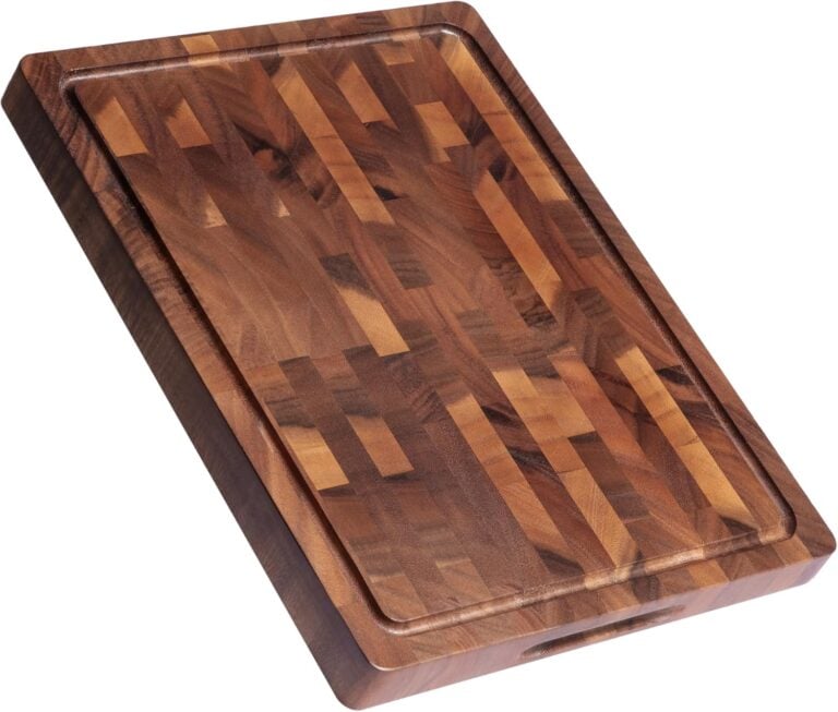 Large wooden cutting board with multicolored end-grain pattern in browns and tans, featuring a juice groove, ideal for My Favorite Sheet Pan