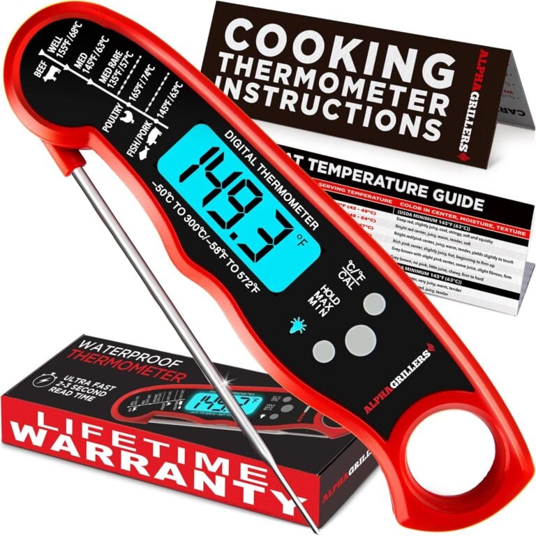 Digital cooking thermometer with red handle displaying 130°F, instruction booklet, and temperature guide chart for meat doneness and food sa