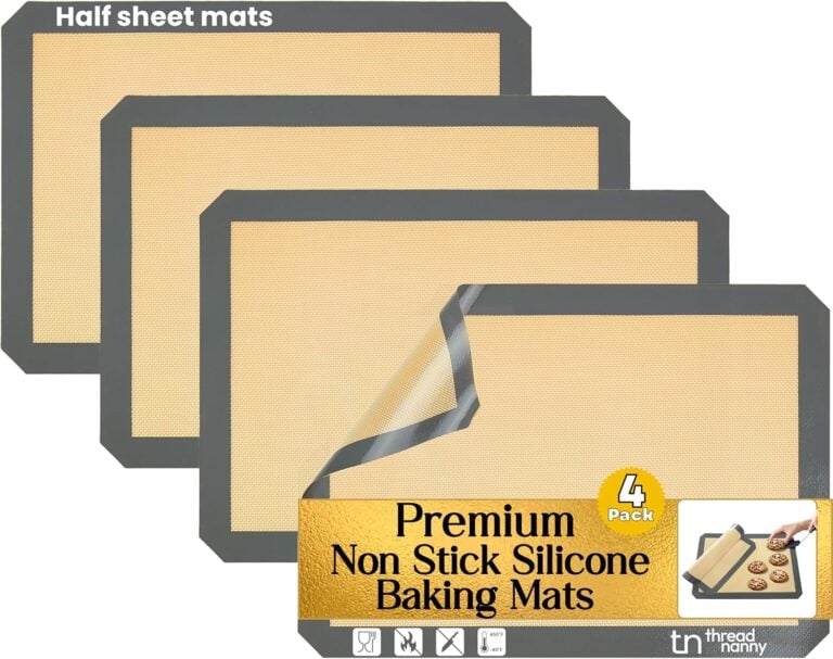 Four premium non-stick silicone baking mats in tan with gray borders, displayed in a stacked arrangement showing My Favorite Sheet Pan Recip