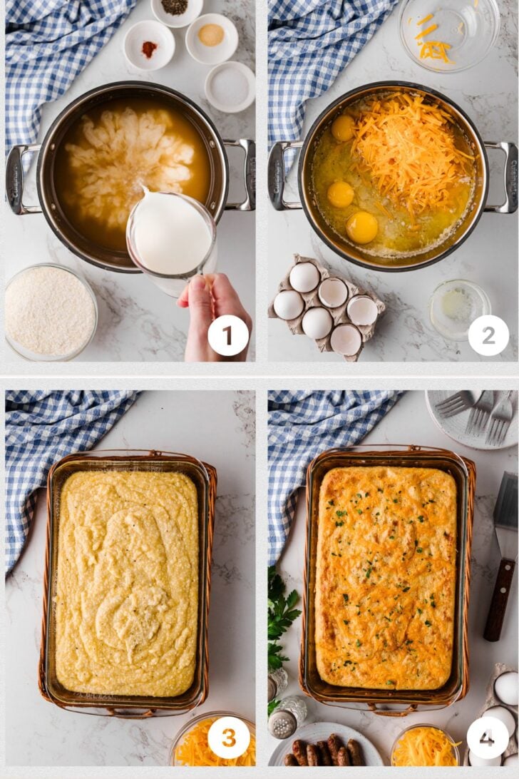 Step‑by‑step process of making baked cheese grits, from cooking the grits to adding cheese, eggs, and baking into a creamy Southern casserole.