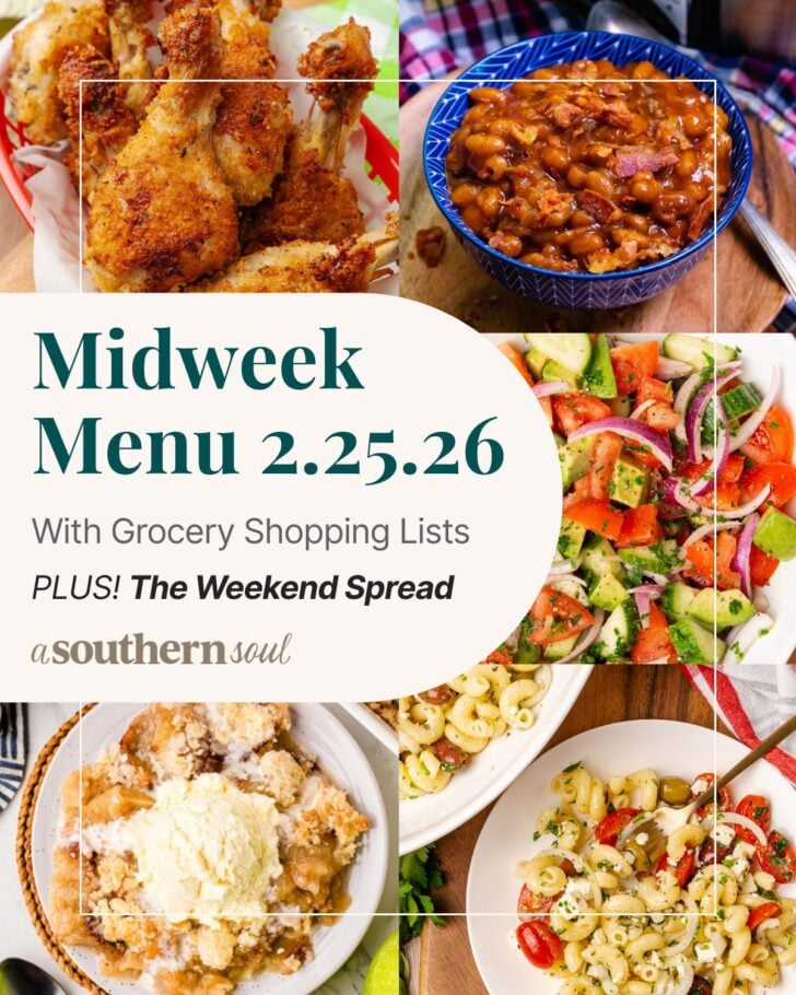 A grid of 5 midweek menu meal plan photos with a text overlay.