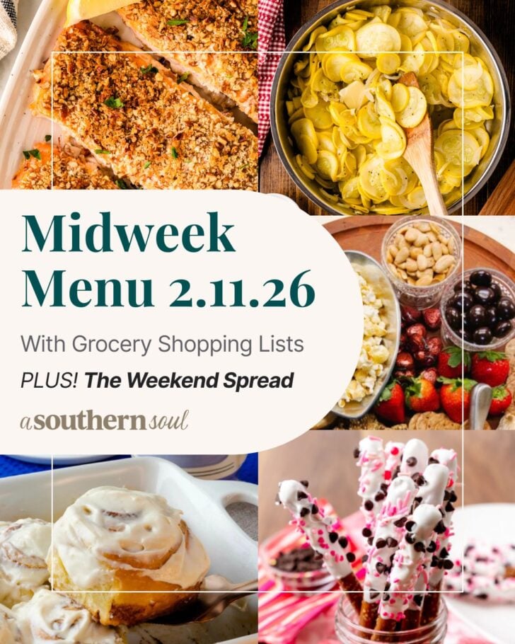A grid of 5 midweek menu meal plan photos with a text overlay.