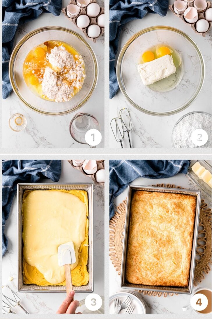 Step-by-step photos showing how to make Neiman Marcus Cake, from mixing the batter to spreading it in the pan and baking until golden.