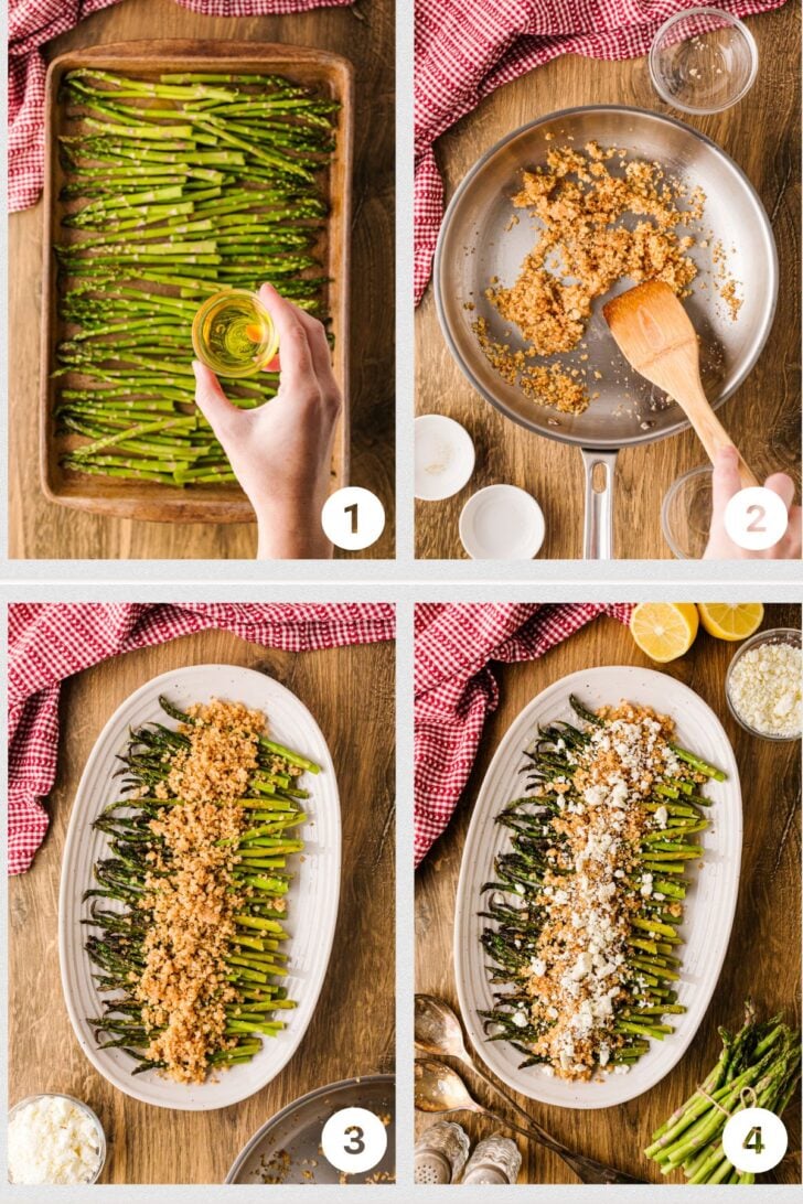 1. Trimmed asparagus spears on a sheet pan drizzled with olive oil, ready to roast.
2. Roasted asparagus on a sheet pan, tender with lightly browned tips.
3. Golden toasted panko breadcrumbs in a skillet with melted butter and lemon.
4. Roasted asparagus topped with lemony panko and crumbled feta on a platter.