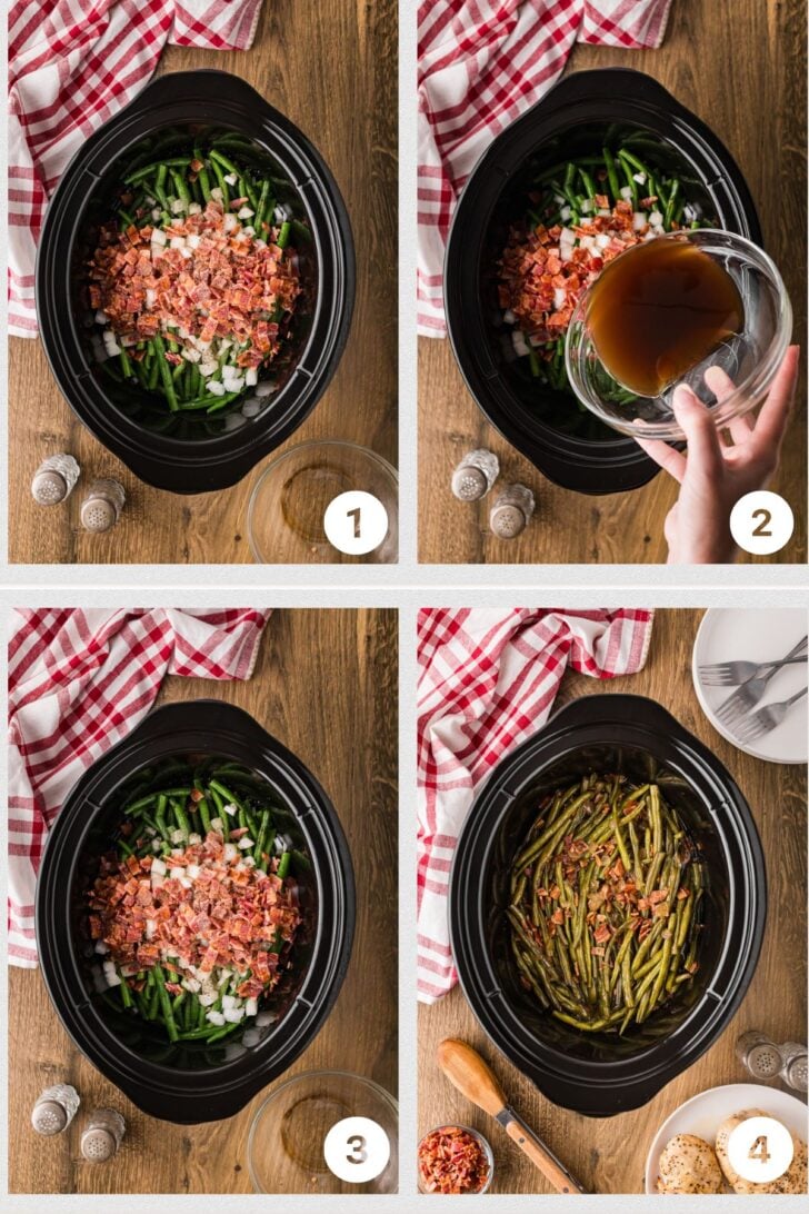 Photo1 - Crisp chopped bacon and sautéed onions in a skillet ready to go into the slow cooker.
Photo 2 - Green beans, bacon, and sauce ingredients layered in a crock pot before cooking.
Photo 3 - all ingredients in the crock pot ready to cook.
Photo 4 - cooked green beans with bacon in a black crock pot