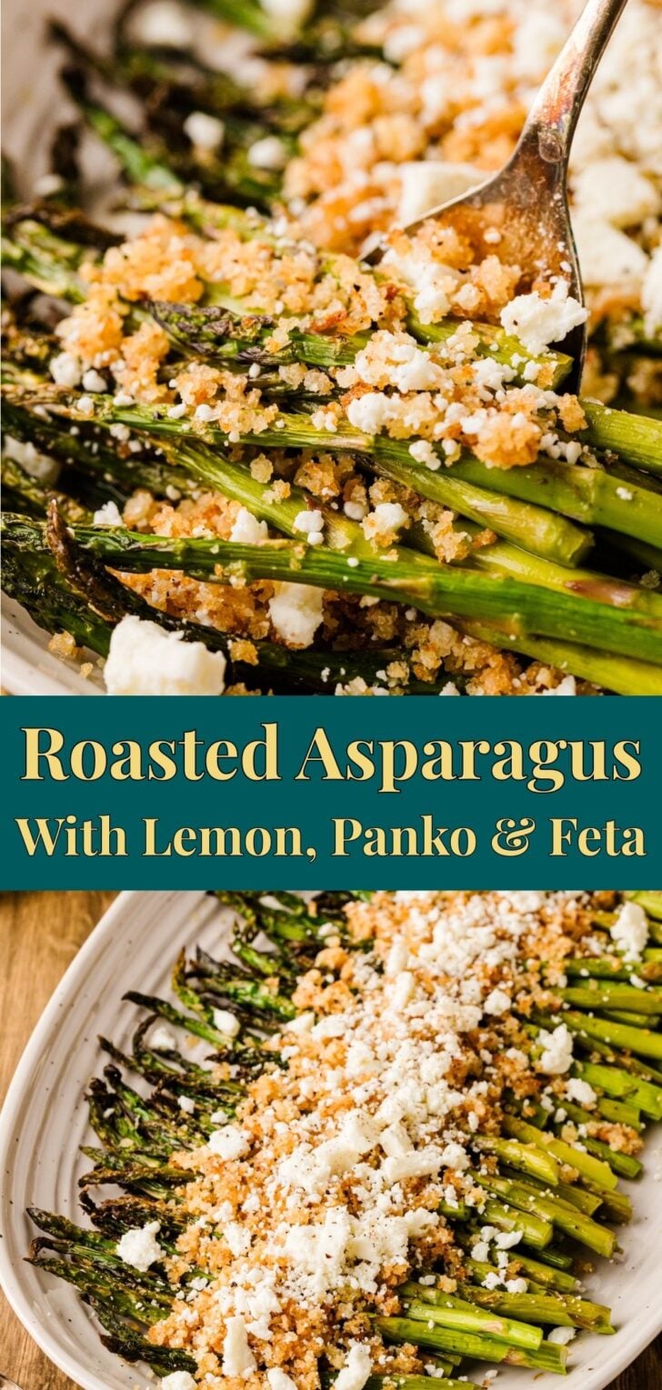 Pinterest pin image for Roasted Asparagus with Lemon, Panko and Feta