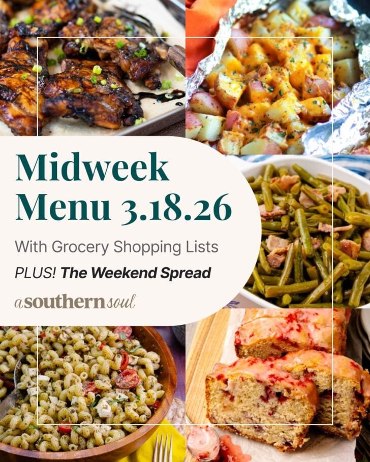 A grid of 5 midweek menu meal plan photos with a text overlay.