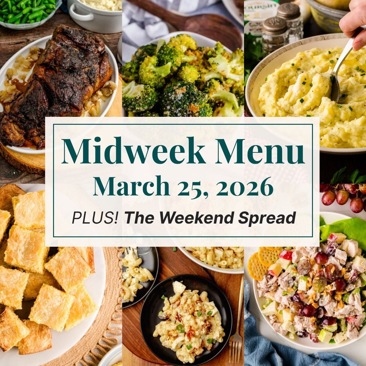 A grid of 6 midweek menu meal plan photos with a text overlay.