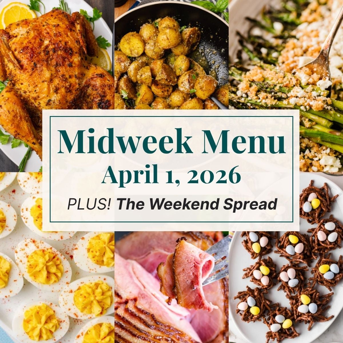 A grid of 6 midweek menu meal plan photos with a text overlay.