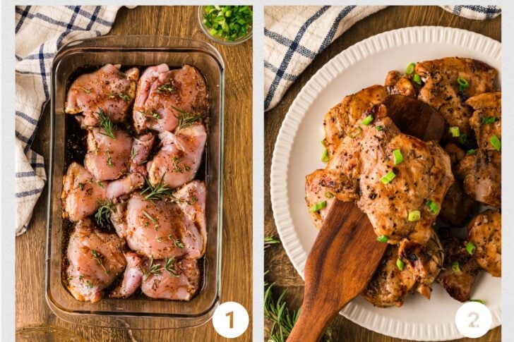 oney marinade chicken thighs soaking in a glass dish, then grilled with caramelized char, rich balsamic glaze, and green onions.