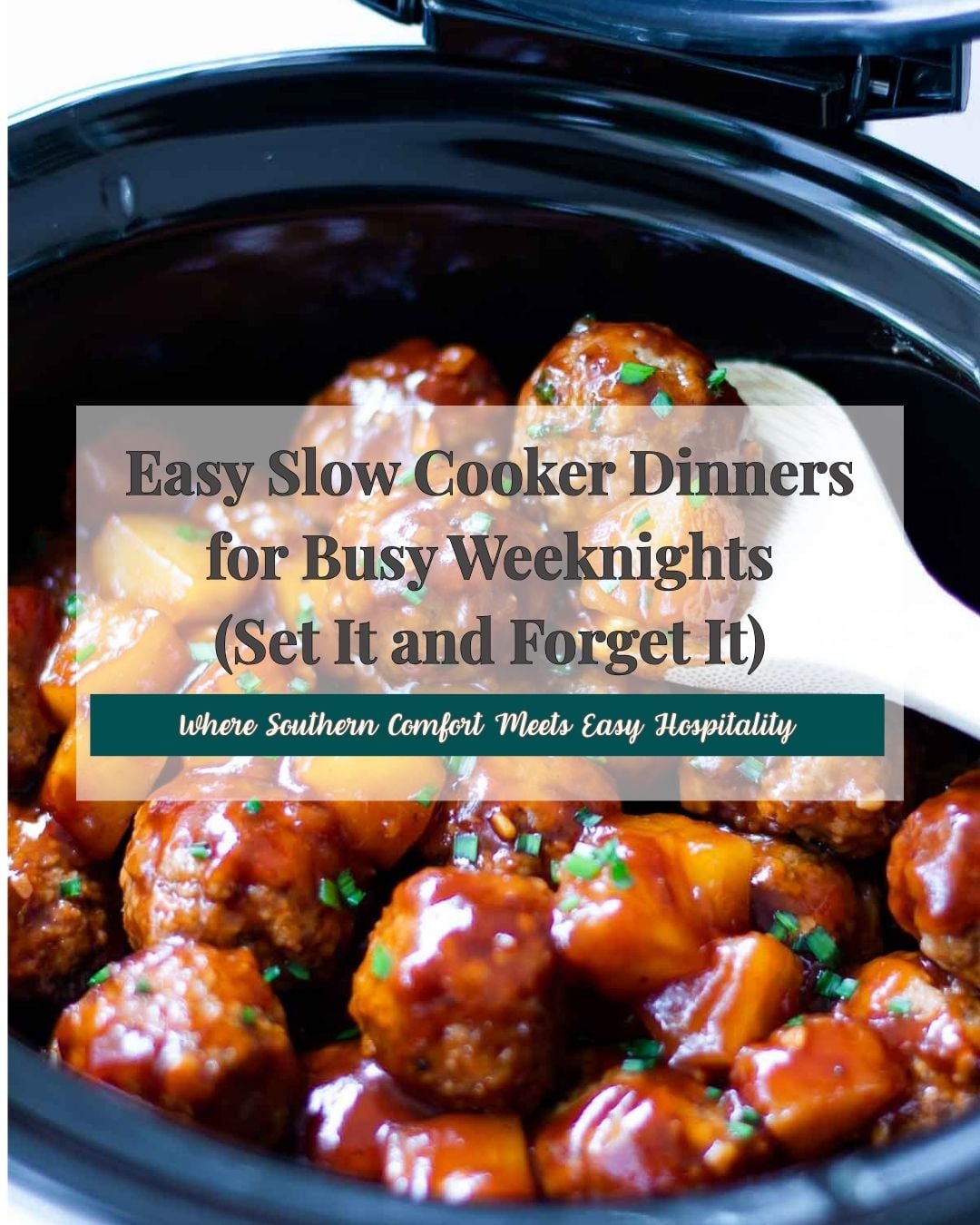 Glazed meatballs in slow cooker with green onion garnish, CROCK POT ROUND UP 2026 Pinterest pin for easy weeknight dinners